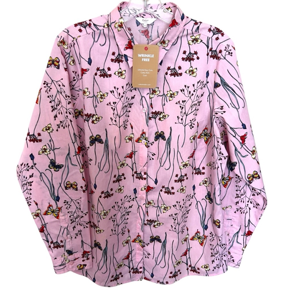 Cotton Traders Women’s Pink Floral Butterfly Long Sleeve Button Down Shirt SZ 16